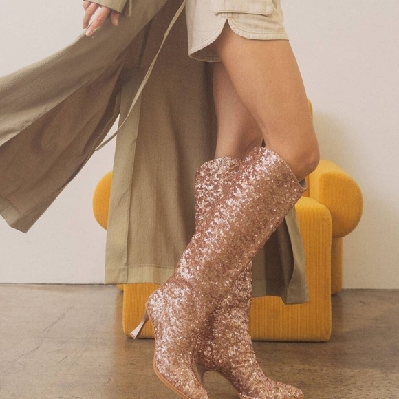 Oasis Society Shoes - Knee-High Sequin Heeled Boots in Rose Gold